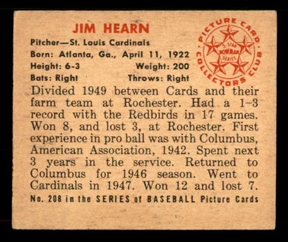 1950 Bowman Baseball #208 Jim Hearn Cardinals EX-MT No Copyright 533058