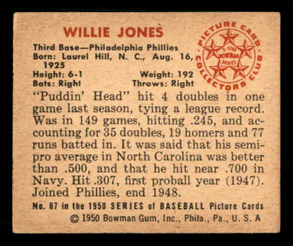 1950 Bowman Baseball #067 Willie Jones Phillies EX 533059