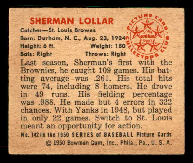 1950 Bowman Baseball #142 Sherm Lollar Browns EX 533060