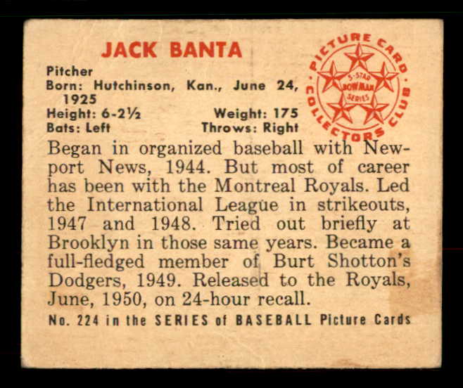 1950 Bowman Baseball #224 Jack Banta Dodgers EX No Copyright 533064