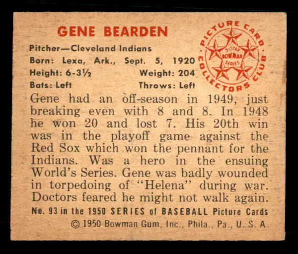 1950 Bowman Baseball #093 Gene Bearden Indians EX-MT 533065