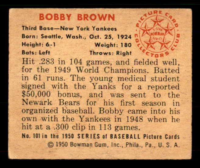 1950 Bowman Baseball #101 Bobby Brown Yankees VG-EX 533066