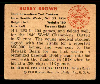 1950 Bowman Baseball #101 Bobby Brown Yankees VG-EX 533066