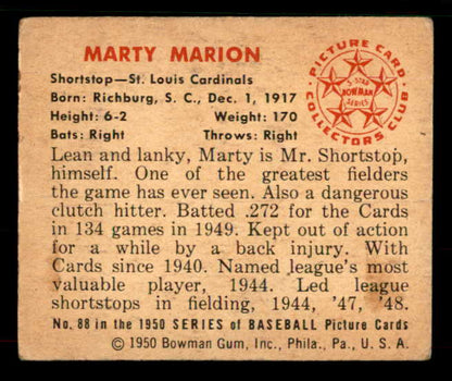 1950 Bowman Baseball #088 Marty Marion Cardinals VG-EX 533067