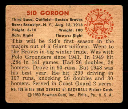 1950 Bowman Baseball #109 Sid Gordon Braves VG-EX 533070