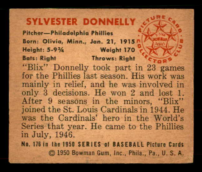 1950 Bowman Baseball #176 Blix Donnelly Phillies VG-EX 533073