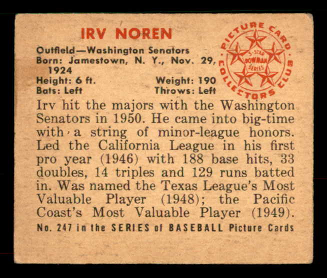 1950 Bowman Baseball #247 Irv Noren Senators VG-EX No Copyright 533074