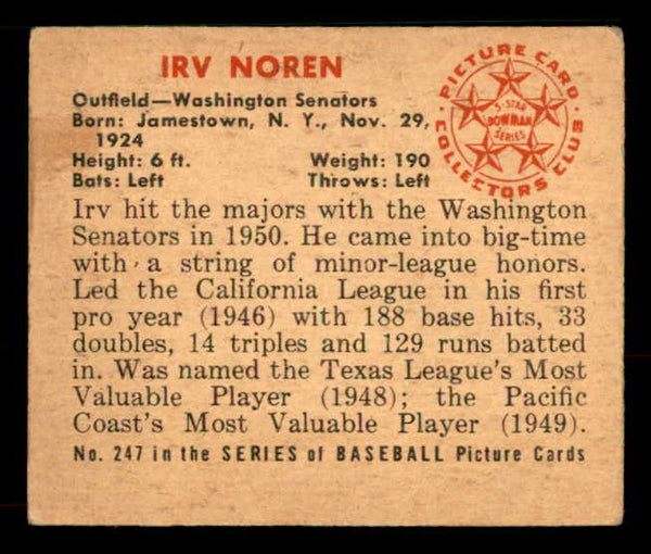 1950 Bowman Baseball #247 Irv Noren Senators VG-EX No Copyright 533074