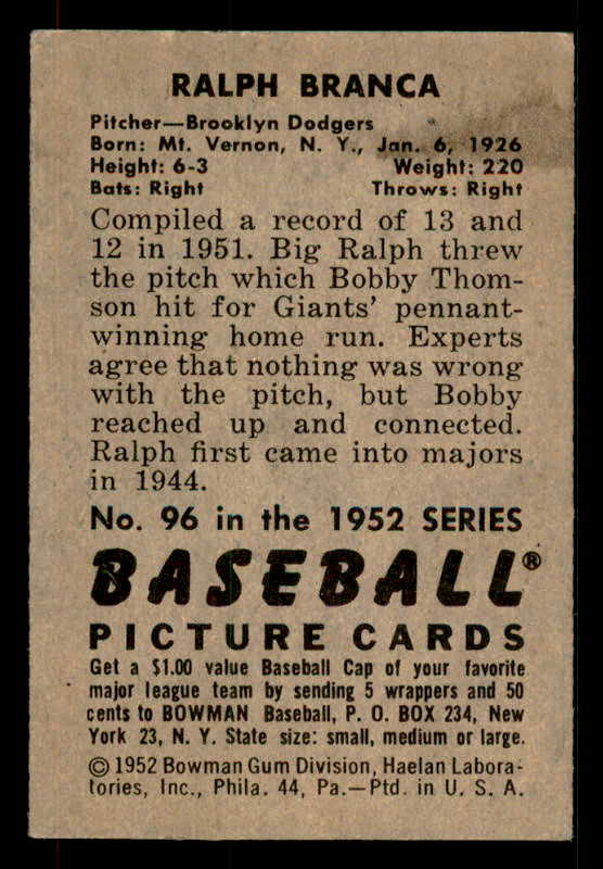 1952 Bowman Baseball #096 Ralph Branca Dodgers EX-MT 533078
