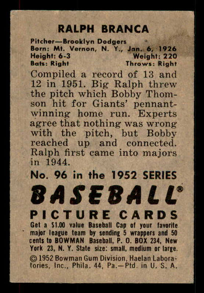 1952 Bowman Baseball #096 Ralph Branca Dodgers EX-MT 533078