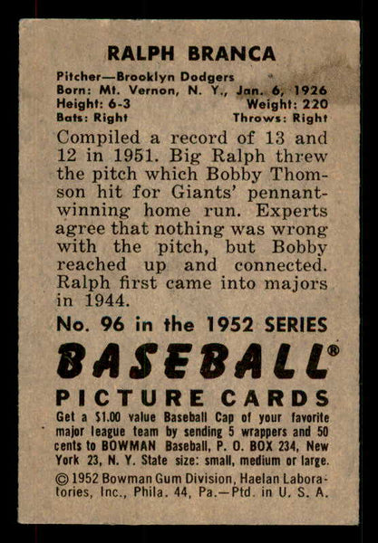 1952 Bowman Baseball #096 Ralph Branca Dodgers EX-MT 533078