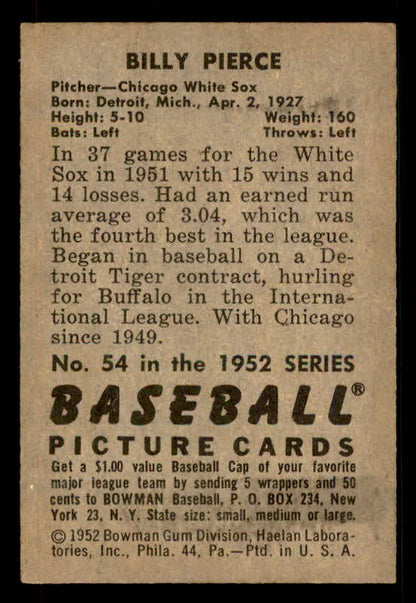 1952 Bowman Baseball #054 Billy Pierce White Sox EX-MT 533079