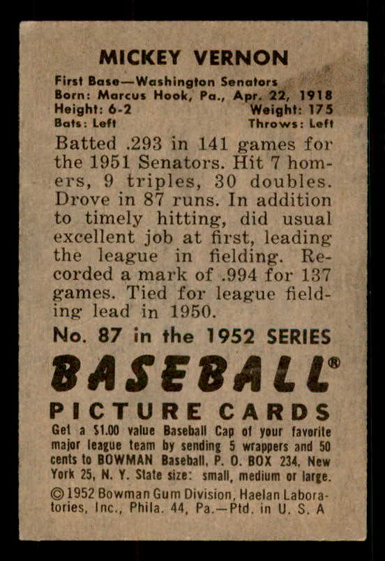 1952 Bowman Baseball #087 Mickey Vernon Senators EX-MT 533080