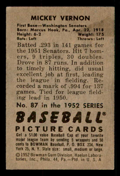 1952 Bowman Baseball #087 Mickey Vernon Senators EX-MT 533080