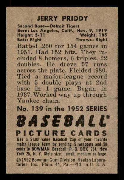 1952 Bowman Baseball #139 Jerry Priddy Tigers EX-MT 533082