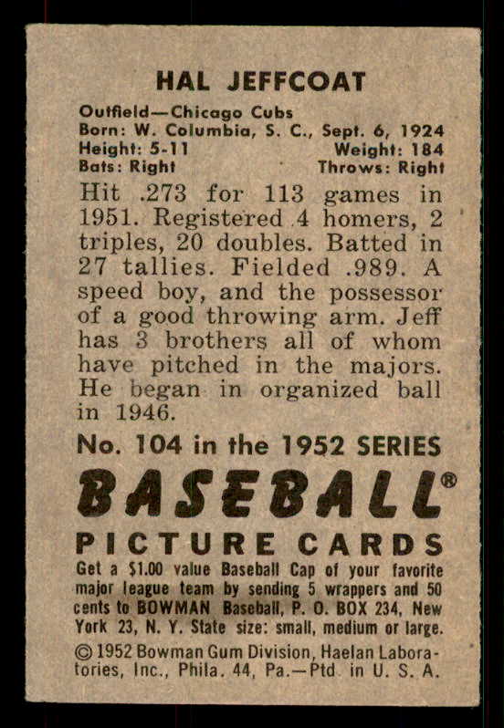 1952 Bowman Baseball #104 Hal Jeffcoat Cubs EX-MT 533084