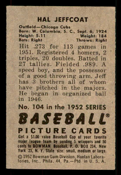 1952 Bowman Baseball #104 Hal Jeffcoat Cubs EX-MT 533084
