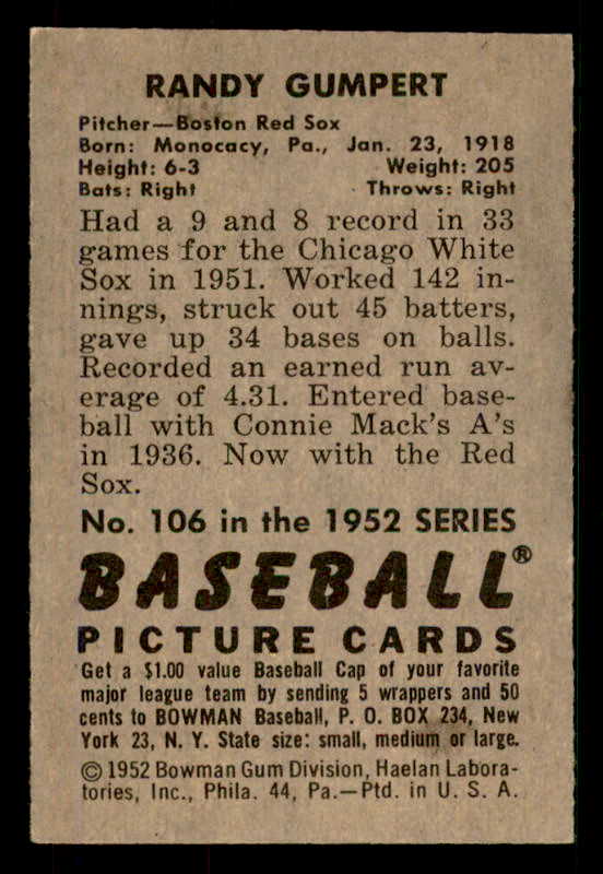 1952 Bowman Baseball #106 Randy Gumpert Red Sox EX-MT 533085