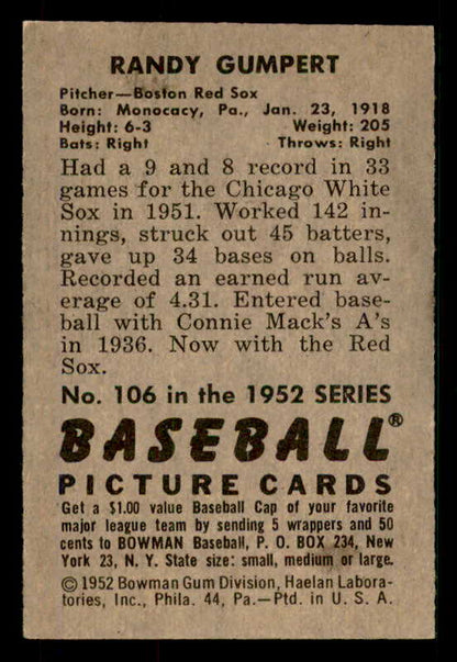 1952 Bowman Baseball #106 Randy Gumpert Red Sox EX-MT 533085