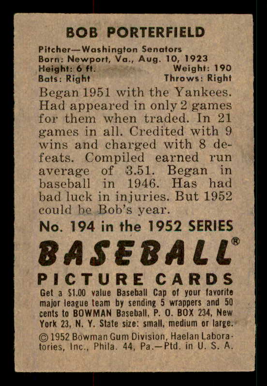 1952 Bowman Baseball #194 Bob Porterfield Senators EX-MT 533086