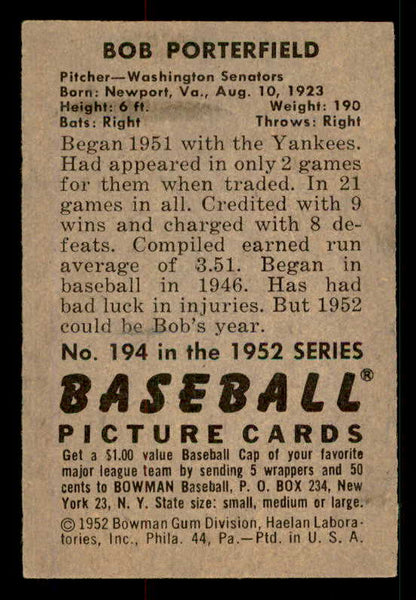 1952 Bowman Baseball #194 Bob Porterfield Senators EX-MT 533086