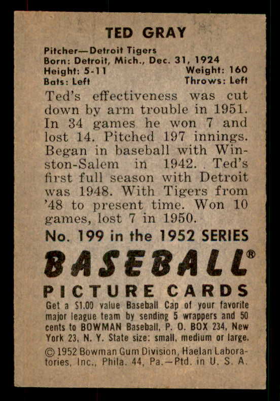 1952 Bowman Baseball #199 Ted Gray Tigers EX-MT 533087