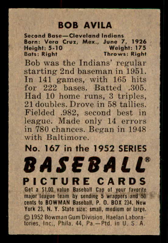 1952 Bowman Baseball #167 Bobby Avila Indians EX-MT 533088