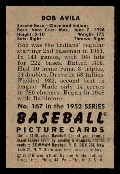 1952 Bowman Baseball #167 Bobby Avila Indians EX-MT 533088