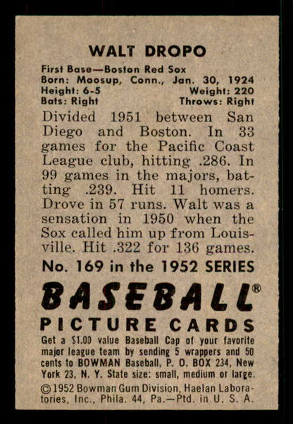 1952 Bowman Baseball #169 Walt Dropo Red Sox EX-MT 533089