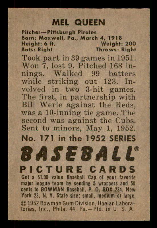 1952 Bowman Baseball #171 Mel Queen Pirates EX-MT 533090