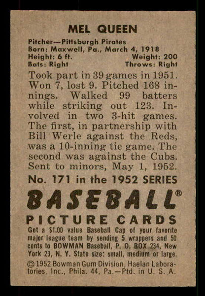 1952 Bowman Baseball #171 Mel Queen Pirates EX-MT 533090