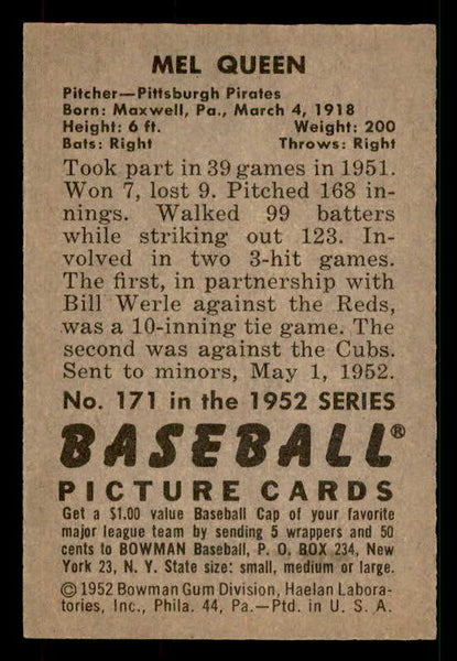 1952 Bowman Baseball #171 Mel Queen Pirates EX-MT 533090