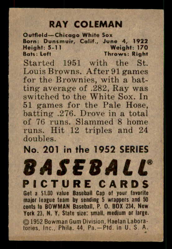 1952 Bowman Baseball #201 Ray Coleman White Sox EX-MT 533093