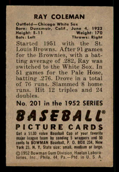 1952 Bowman Baseball #201 Ray Coleman White Sox EX-MT 533093