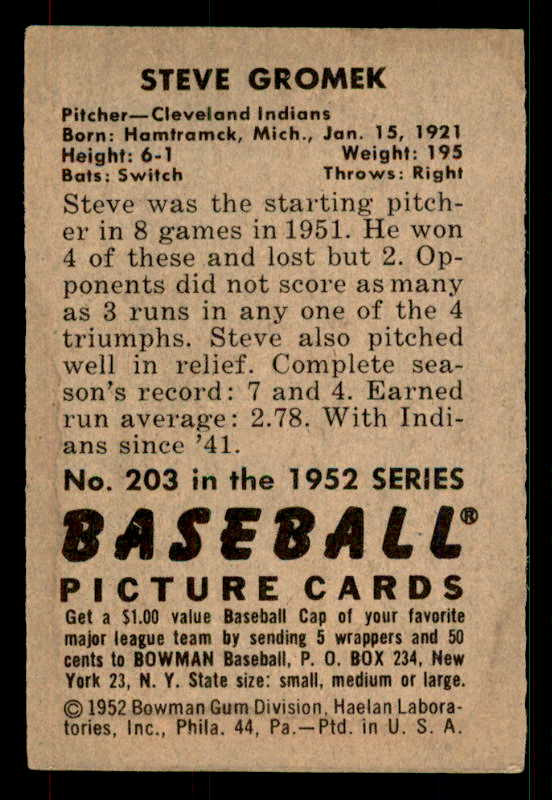 1952 Bowman Baseball #203 Steve Gromek Indians EX-MT 533094