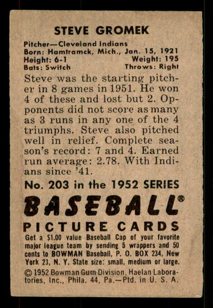 1952 Bowman Baseball #203 Steve Gromek Indians EX-MT 533094