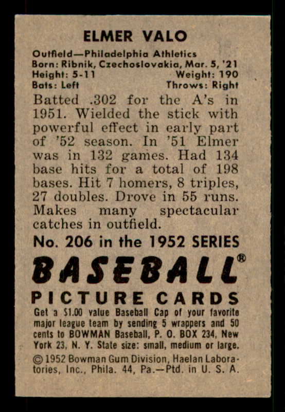 1952 Bowman Baseball #206 Elmer Valo A's EX-MT 533096