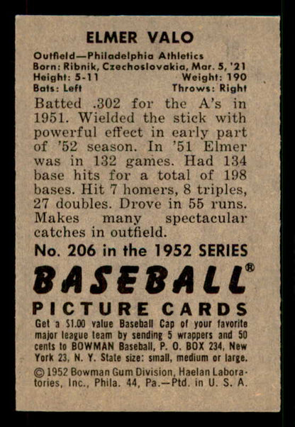 1952 Bowman Baseball #206 Elmer Valo A's EX-MT 533096