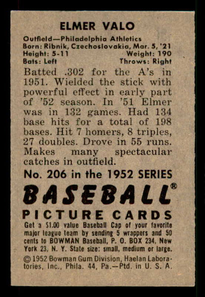 1952 Bowman Baseball #206 Elmer Valo A's EX-MT 533096