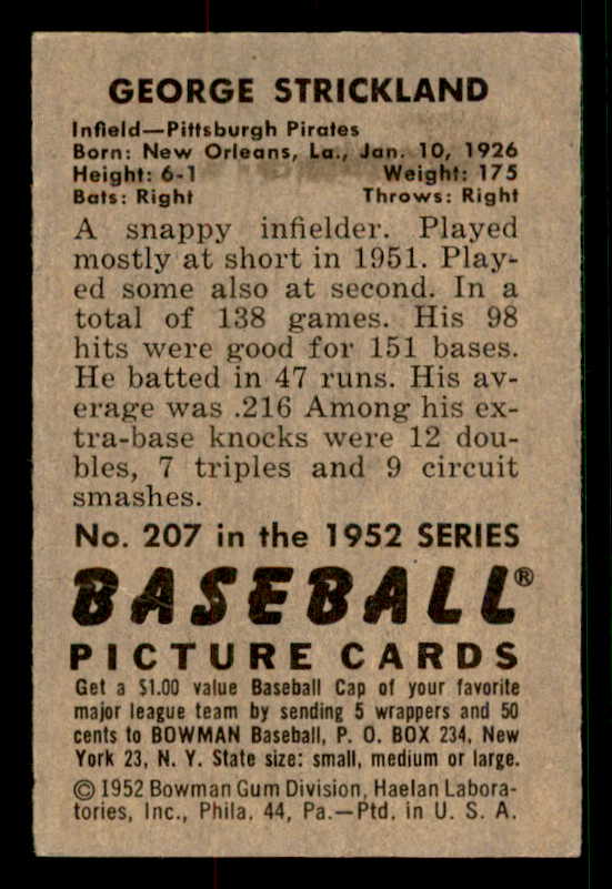 1952 Bowman Baseball #207 George Strickland Pirates EX-MT 533097
