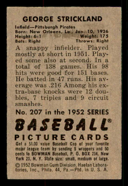 1952 Bowman Baseball #207 George Strickland Pirates EX-MT 533097