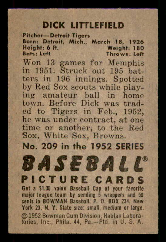 1952 Bowman Baseball #209 Dick Littlefield Tigers EX-MT 533098