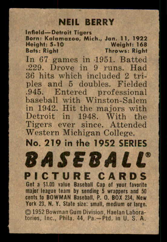 1952 Bowman Baseball #219 Neil Berry Tigers EX-MT 533100