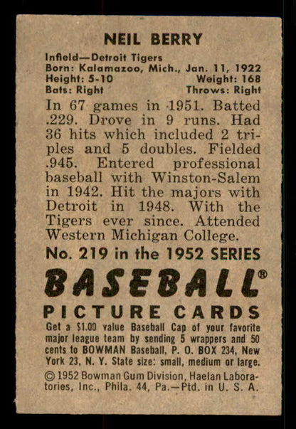 1952 Bowman Baseball #219 Neil Berry Tigers EX-MT 533100