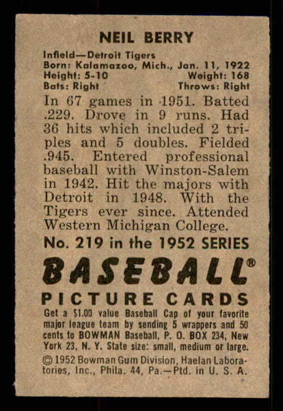 1952 Bowman Baseball #219 Neil Berry Tigers EX-MT 533100