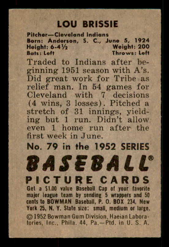 1952 Bowman Baseball #079 Lou Brissie Indians EX-MT 533101