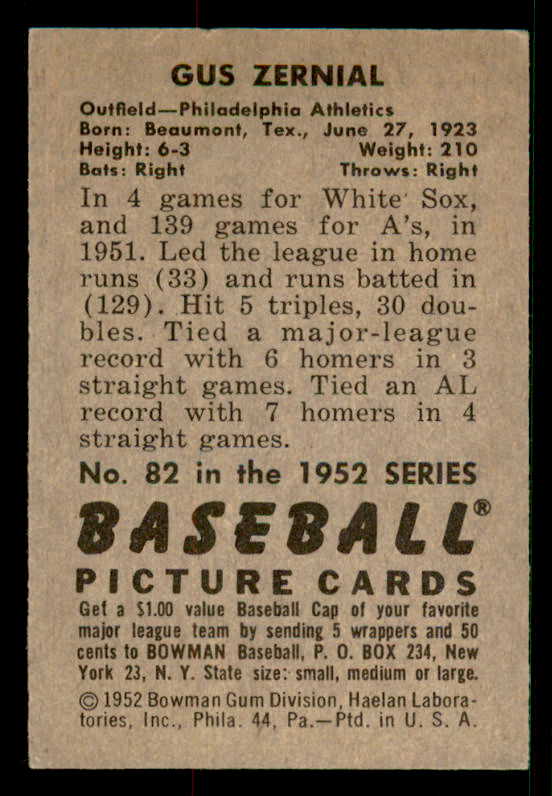 1952 Bowman Baseball #082 Gus Zernial A's EX-MT 533102
