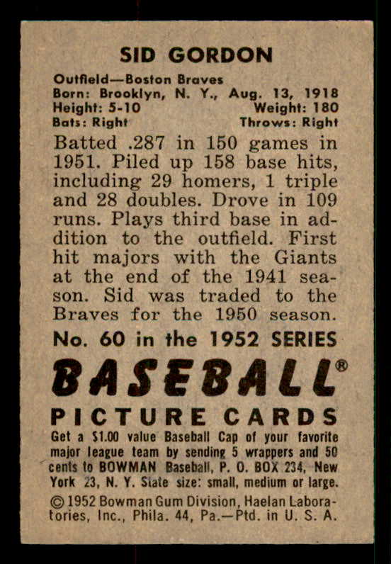1952 Bowman Baseball #060 Sid Gordon Braves EX-MT 533103