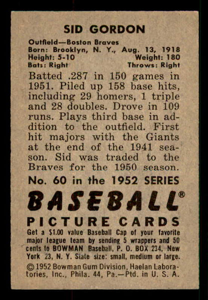 1952 Bowman Baseball #060 Sid Gordon Braves EX-MT 533103