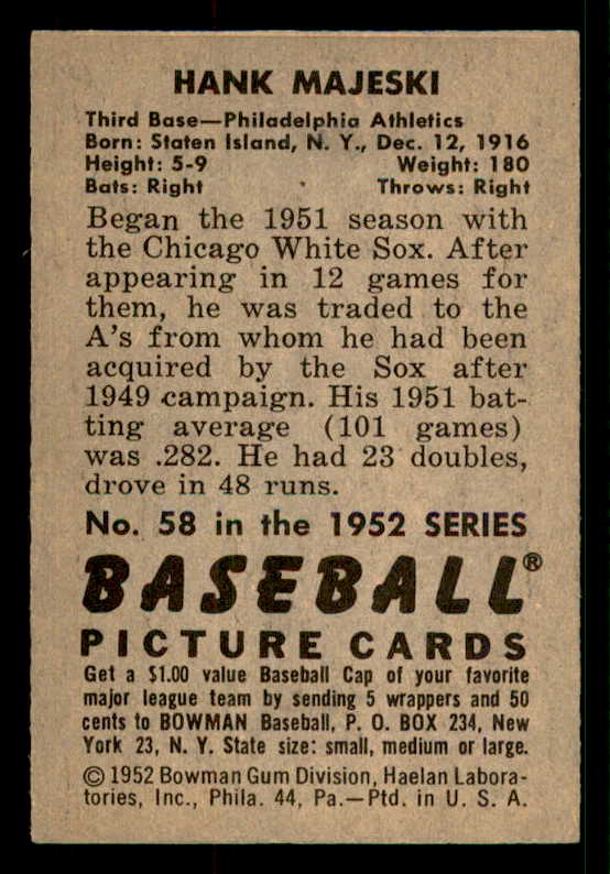 1952 Bowman Baseball #058 Hank Majeski A's EX-MT 533104